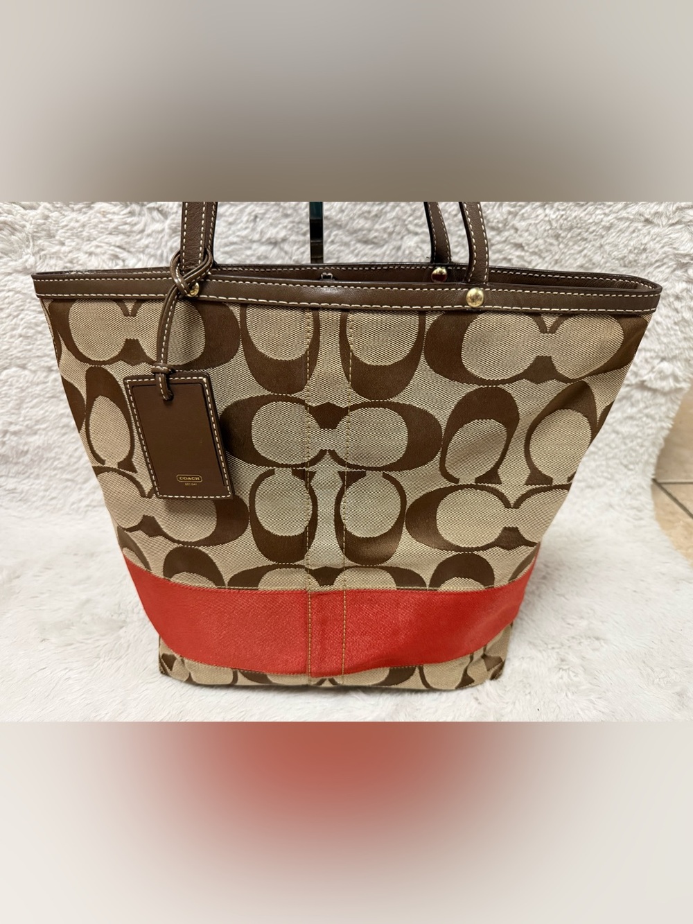 Vintage Coach Brown Signature Canvas Tote with Orange/Red Stripe